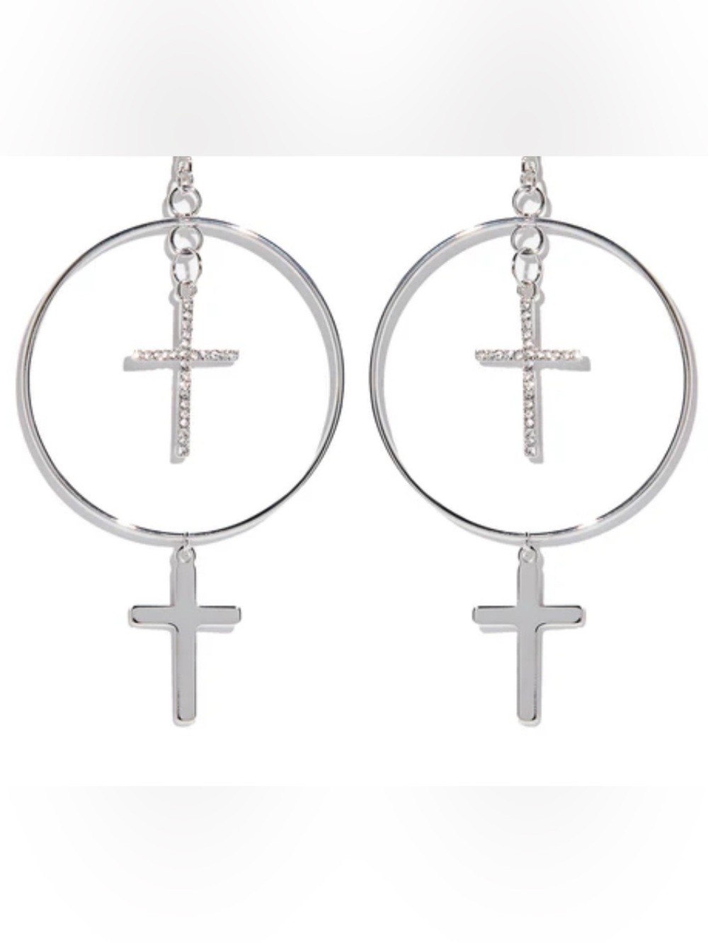 Boho Silver Rhinestone Double Cross Hoop Earrings